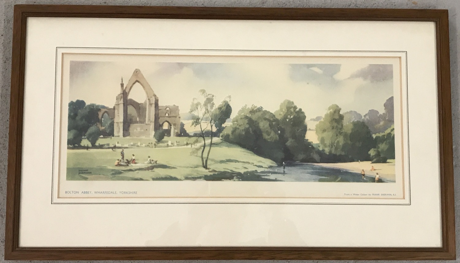 LNER carriage print, from a watercolour by Frank Sherwin; Bolton Abbey, Wharfedale, Yorkshire.