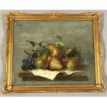 A gilt framed unsigned oil on canvas painting depicting autumn fruits.