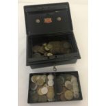 A small vintage cash tin containing a quantity of British and Foreign Victorian & vintage coins.