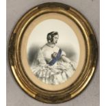 A oval gilt framed antique coloured engraving of a young Queen Victoria.