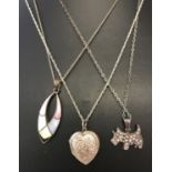 3 silver necklaces. Comprising: Oval drop pendant set with coloured shell on a fine belcher chain,