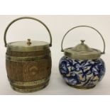 2 vintage biscuit barrels. A Victorian blue & white ceramic barrel with lustre detail.