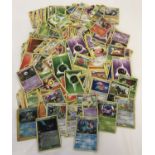A collection of Pokémon character, trainer supporter and energy trading cards.