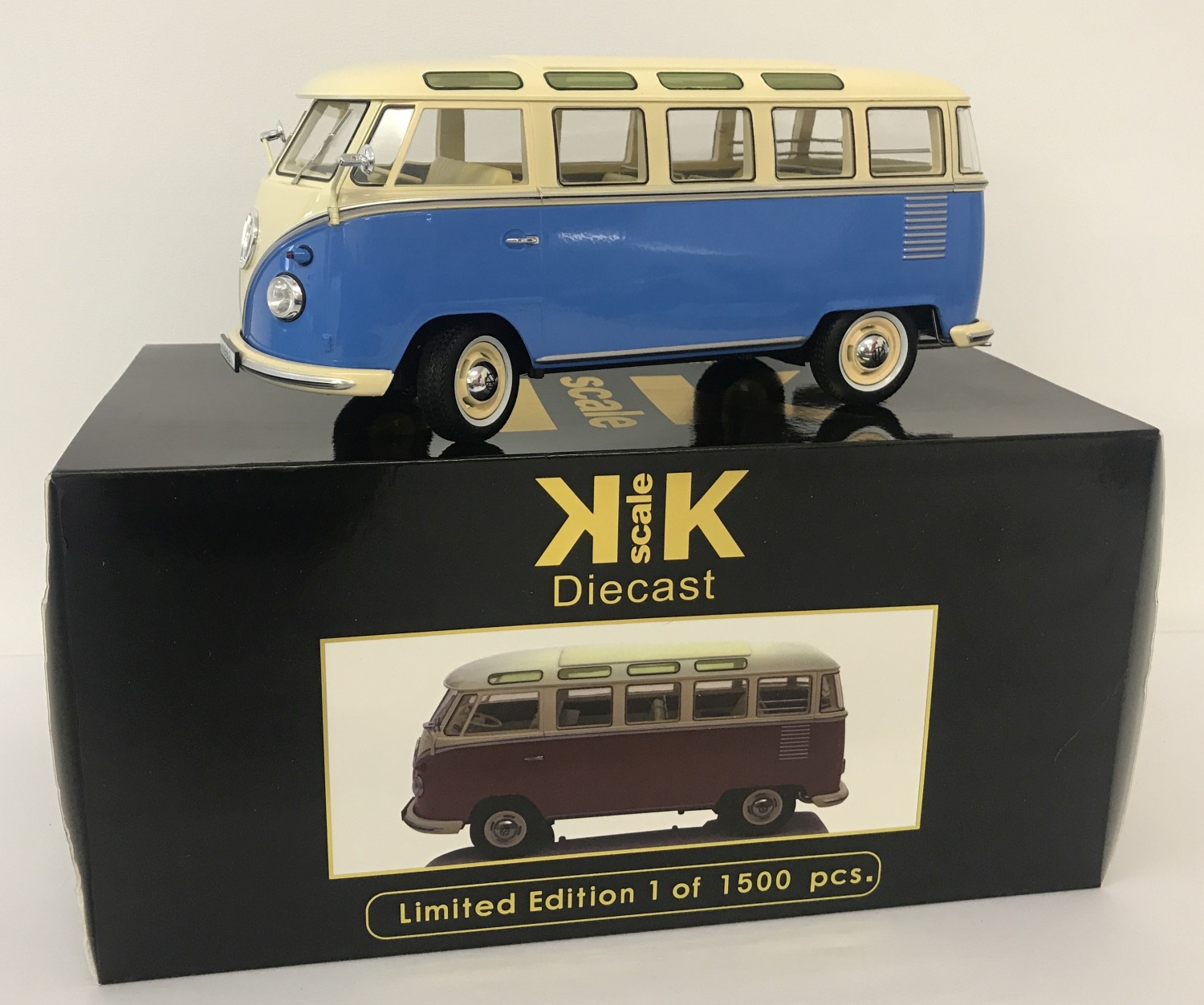 A brand new in box, limited edition 1:18 scale VW Campervan by KK Scale.