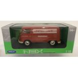 A boxed 1:18 scale Nex Models 1963 VW T1 Bus, Porsche Renndienst decal by Welly.