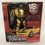 A new boxed (unopened) 2007 Ultimate Bumblebee Transformer toy by Hasbro.