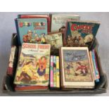 A box of assorted vintage children's books and annuals dating from the 1940's.