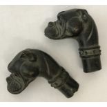 2 vintage bronze walking cane handles in the shape of boxer dogs.