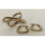 2 pairs of 9ct gold hoop style earrings. One twisted design, the other square shaped.