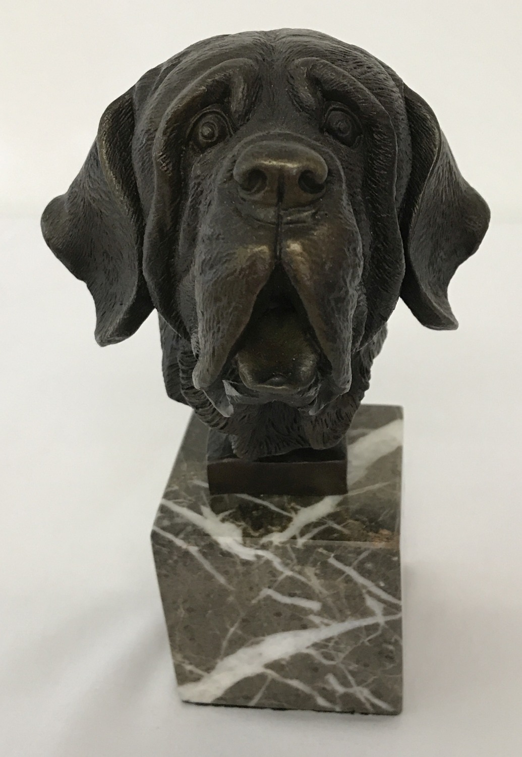 A marble mounted bronze figure of a St. Bernard dogs head, signed Yanez.