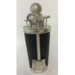 A novelty silver plated & leather effect cocktail shaker & tools in the shape of a golf bag.