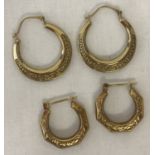 2 pairs of creole style 9ct gold earrings. One pair with Greek key decoration.