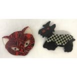 2 Lea Stein style pin back brooches; a Scotty dog together with a cat.