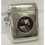 A small square shaped 925 silver vesta case set with circular ceramic disc.