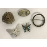5 silver and white metal vintage brooches. To include butterfly and Celtic design.