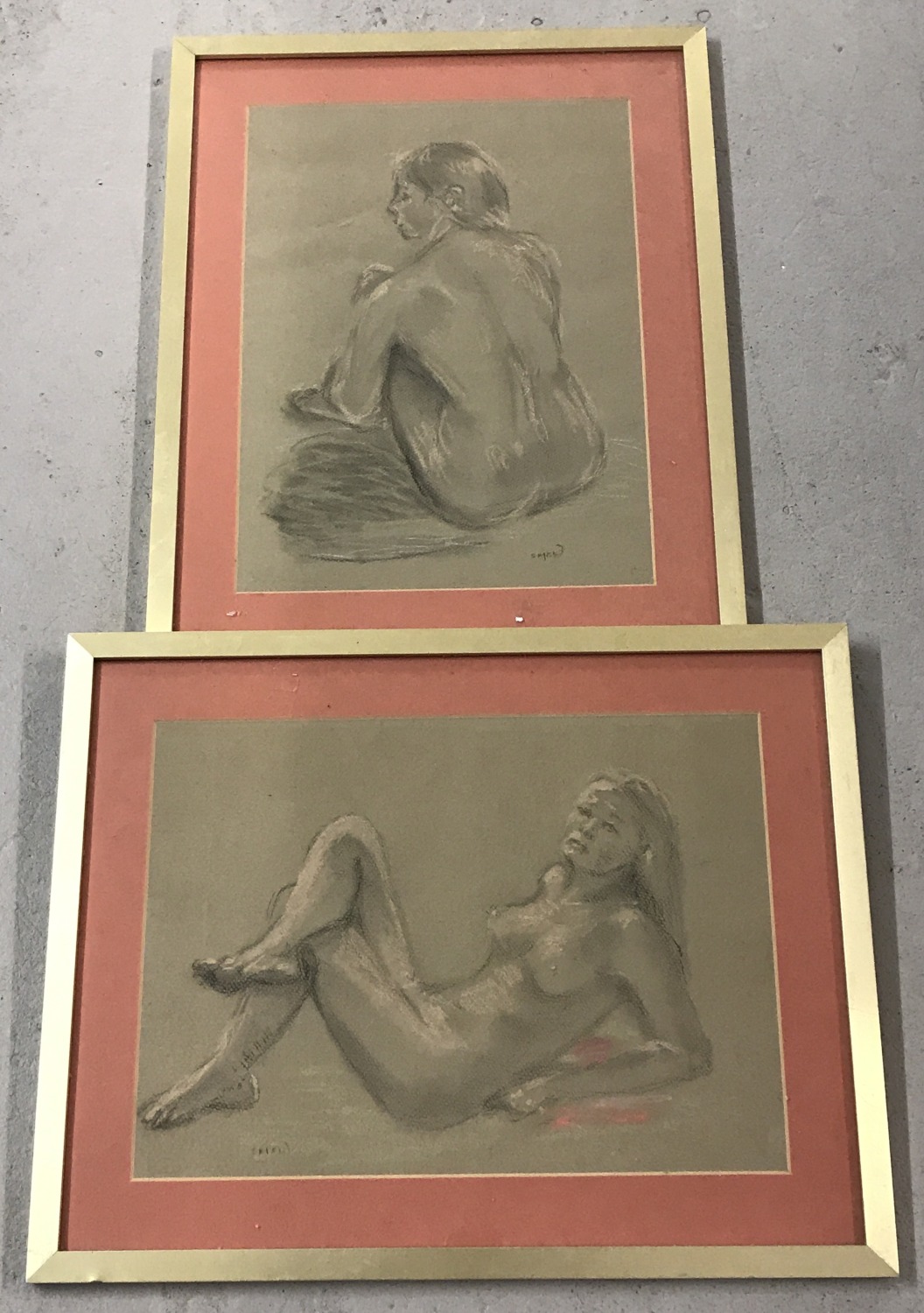 2 gilt framed and glazed nude pastel sketches.