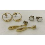 3 pairs of 9ct gold earrings.