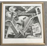 A framed and glazed print copy of "Relativity" by M C Esher.