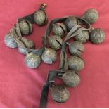 A string of Chinese cow bells depicting Yin and Yang, hung from a leather belt.