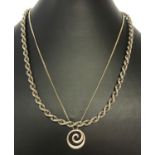 2 silver necklaces. A rope style chain together with a circular design pendant on a fine curb chain.