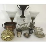 A collection of silver, silver plate, brass and copper items.