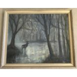 A framed oil on canvas of a stag in a forest by Edith Todd.