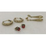 3 pairs of 9ct gold earrings in both drop and stud styles.