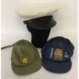 3 cloth hats. Comprising a British made peaked yachting cap, a Boy Scouts Of America green cap