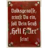 A German WWII style enamel sign. Red with white lettering and swastika detail.