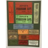 A card depicting 14 vintage percussion cap labels and early cartridge box labels.