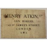 A "Henry Atkin, Ltd. Gun Makers, 27 St James's Street, London S.W.1" original gun case label.