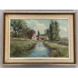 A framed oil on board of a rural cottage by a river. Signed to bottom right, Peter Oliver 78.