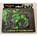 A boxed 2003 Marvel The Hulk collectors tin with 2 sealed packs of playing cards.