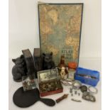 A box of mixed vintage and modern items. To include book ends & small glass corked test tubes.