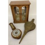 3 assorted vintage wooden items; a barometer, a pair of brass faced bellows & a jewellery cabinet.