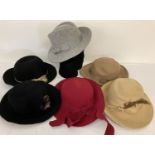 6 vintage felt and wool ladies wide brimmed hats.