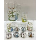 A collection of vintage hand painted glassware in the Crinoline lady design.