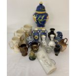 A box of mixed ceramic lidded jars, vases and jugs.