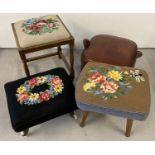 3 vintage tapestry covered stools together with a retro style pouffe.