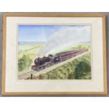 A framed and glazed watercolour of a steam train on the Sheringham to Holt railway line.