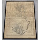 A framed and glazed vintage map of Plymouth town, citadel, Stoke town and Plymouth dock.