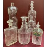 5 assorted vintage clear glass decanters, to include one with hand painted detail.
