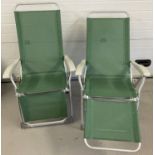 2 modern aluminium framed reclining patio chairs with green mesh material to seat, back & leg rest.
