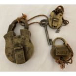 3 vintage brass padlocks with keys.