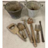 2 vintage galvanised swing handled buckets together with a collection of vintage hand tools.
