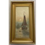 A gilt framed unsigned oil on canvas depicting boats on the water.