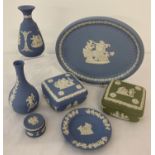 7 pieces of Wedgwood Jasper ware ceramics in pale blue and green colourway.