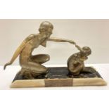 A large Art Deco marble based, gilt spelter figurine of a 1930's lady with a faun.