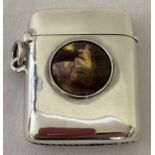 A 925 silver vesta case with circular ceramic plaque featuring a nude female.