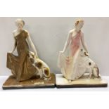 2 large Art Deco plaster figurines of a lady in period dress with her dog.